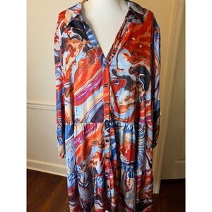 Skies Are Blue Curvy Marble Abstract Print Tiered Button Down Shirt Dress New 3X
